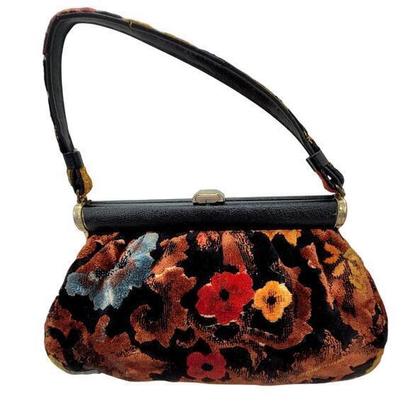 RJ Vintage 50s/60s Velvet Carpet Fabric Floral Top‎ Handle Frame Handbag Purse - Picture 1 of 13
